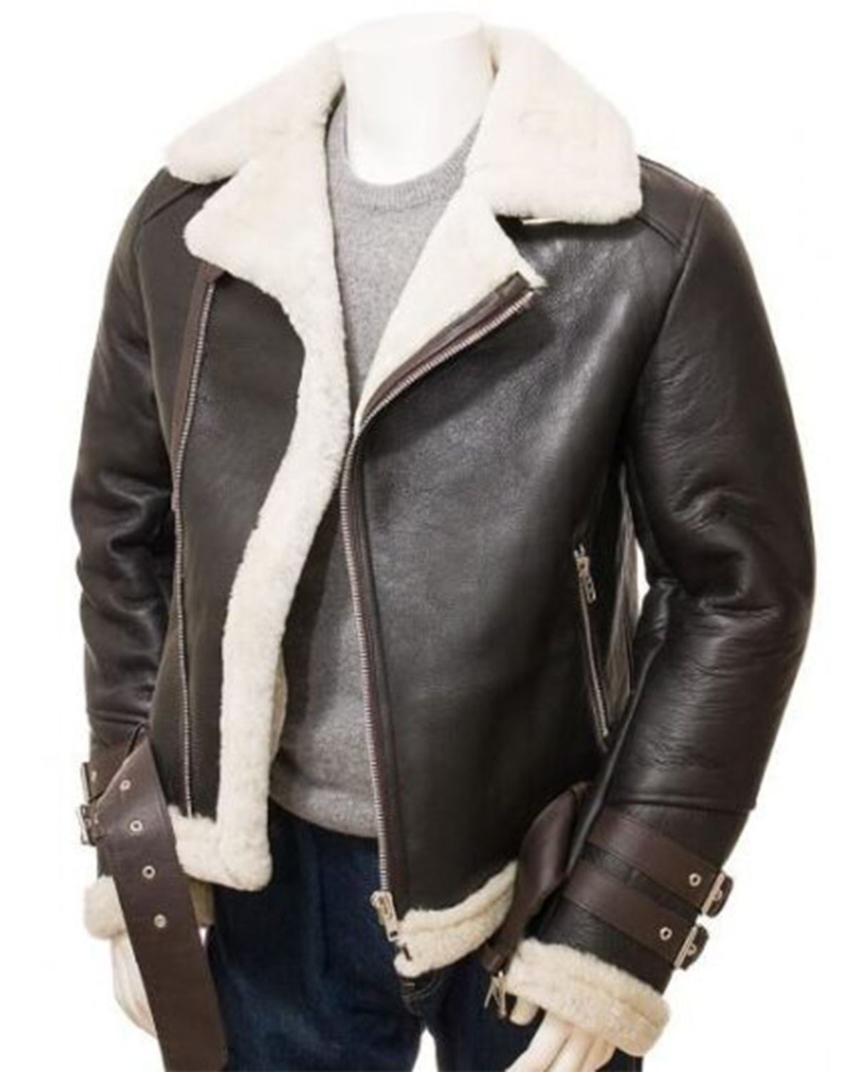 Men's Cross Zip Aviator Faux Shearling Real Leather Jacket