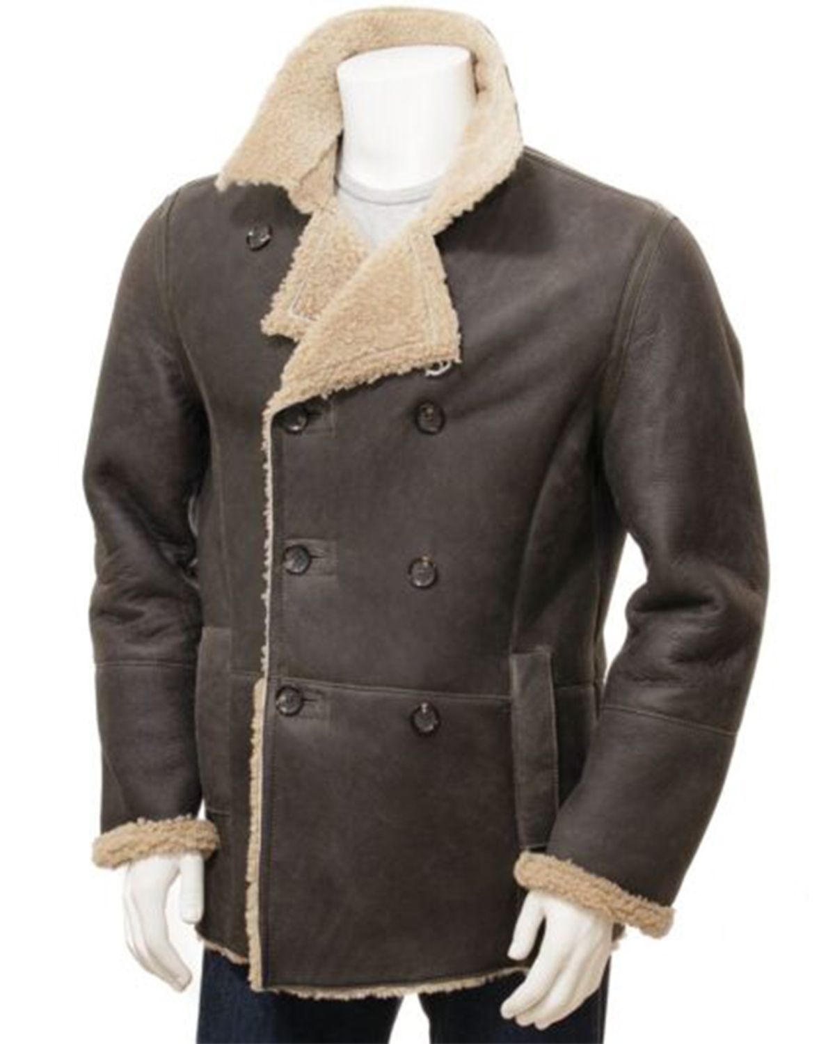 Men's Dark Brown Fur Shearling Leather Peacoat.