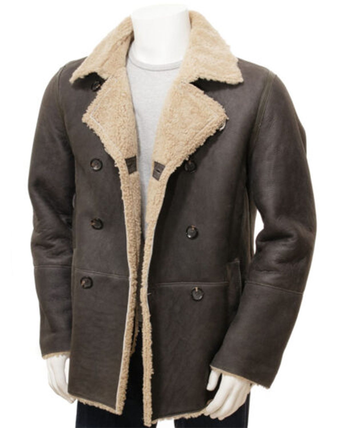 Men's Dark Brown Fur Shearling Leather Peacoat