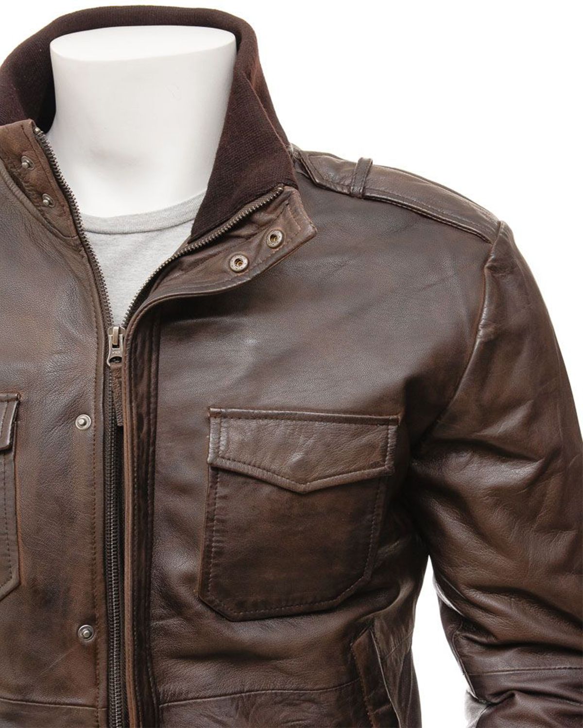 Men's Epaulettes Shoulder Stylish Bomber Leather Jacket.