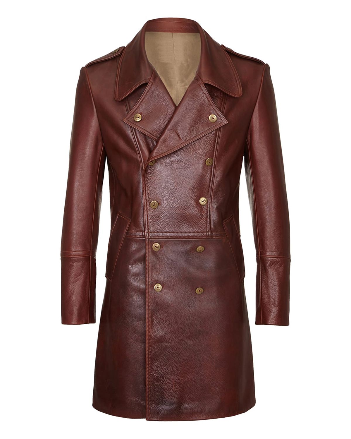 Men's Military Style Dark Brown Real Sheepskin Leather Coat