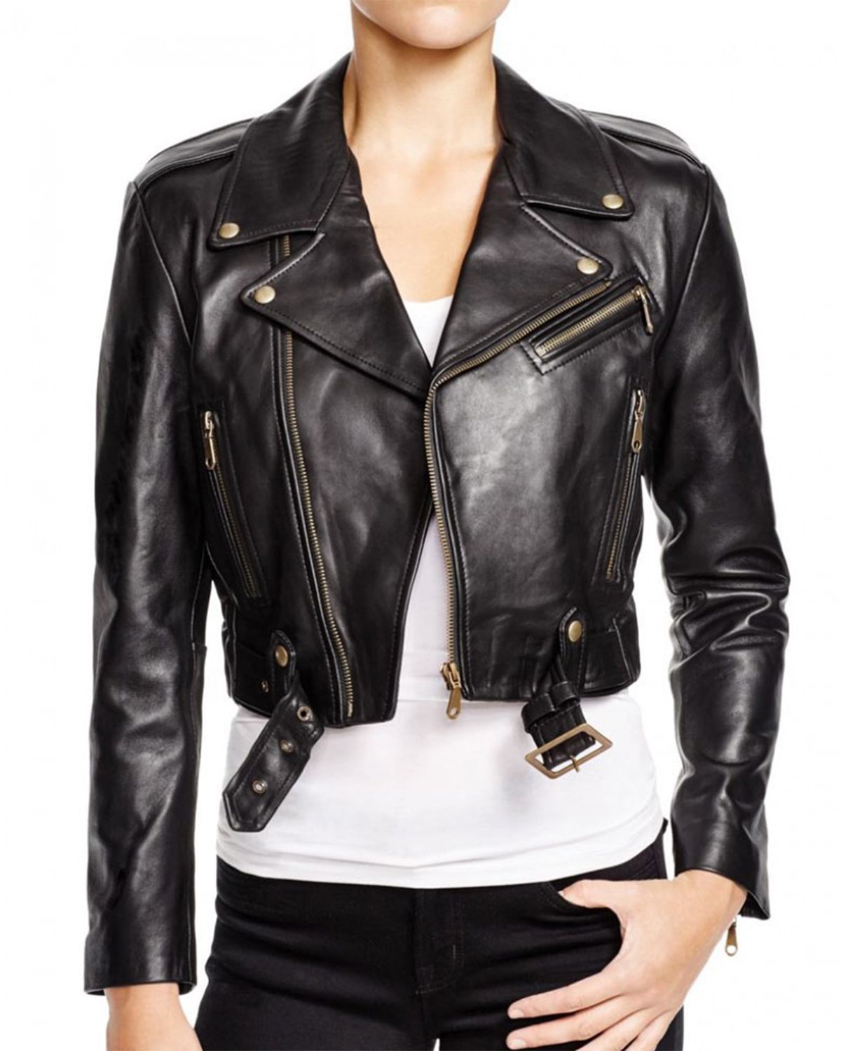 Women's Belted Black Cropped Leather Jacket