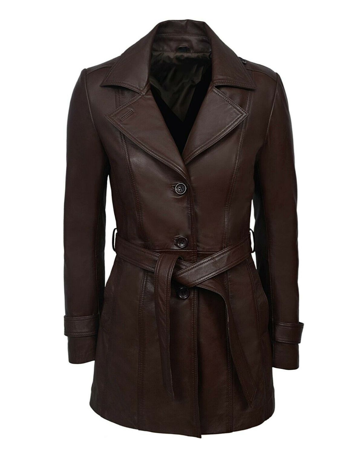 Women's Dark Brown Trench Belted Leather Coat