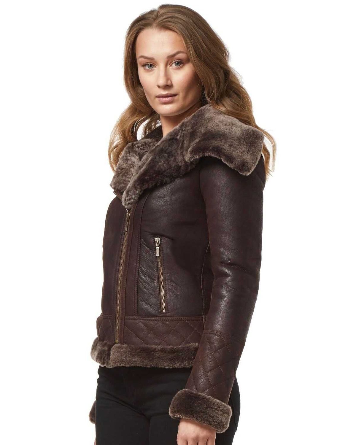 Women's Fur Shearling Stylish Brown Biker Jacket.