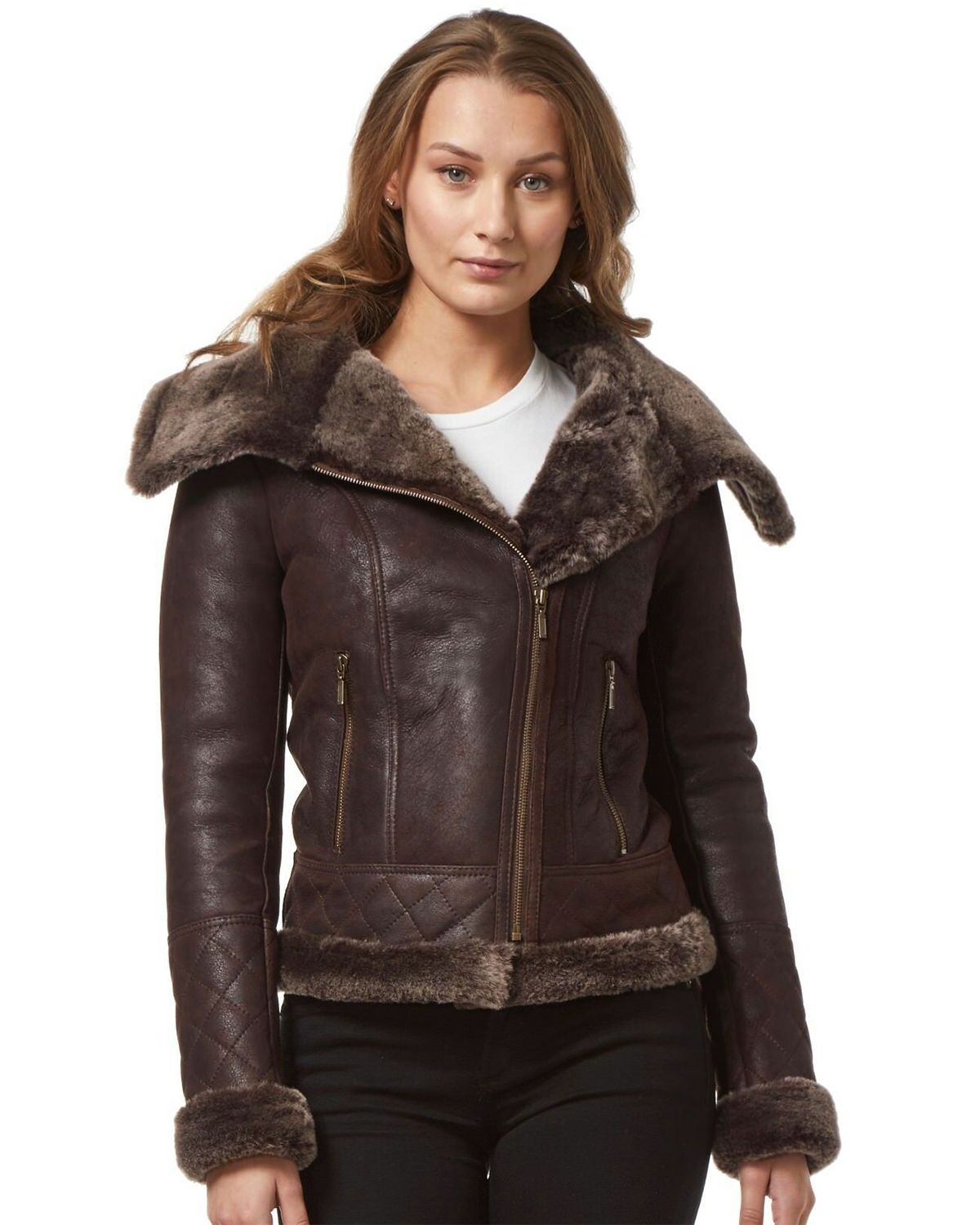 Women's Fur Shearling Stylish Brown Biker Jacket