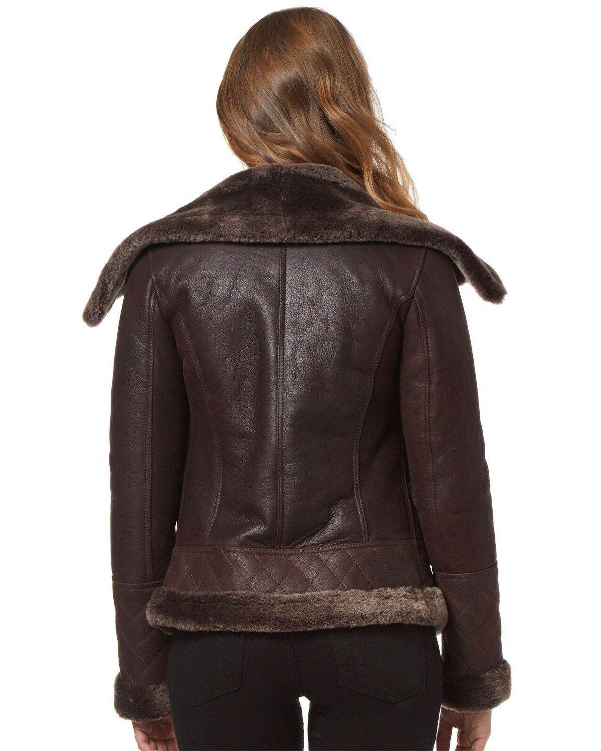 Women's Fur Shearling Stylish Brown Biker Jacket...